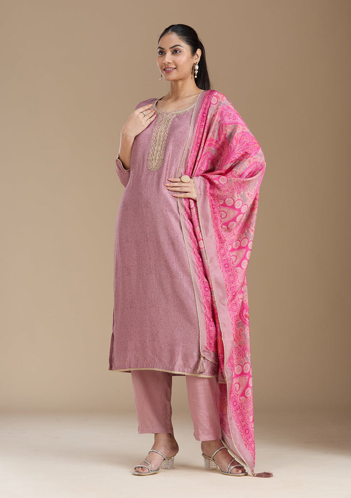 Mauve Threadwork Art Silk Readymade Salwar Suit