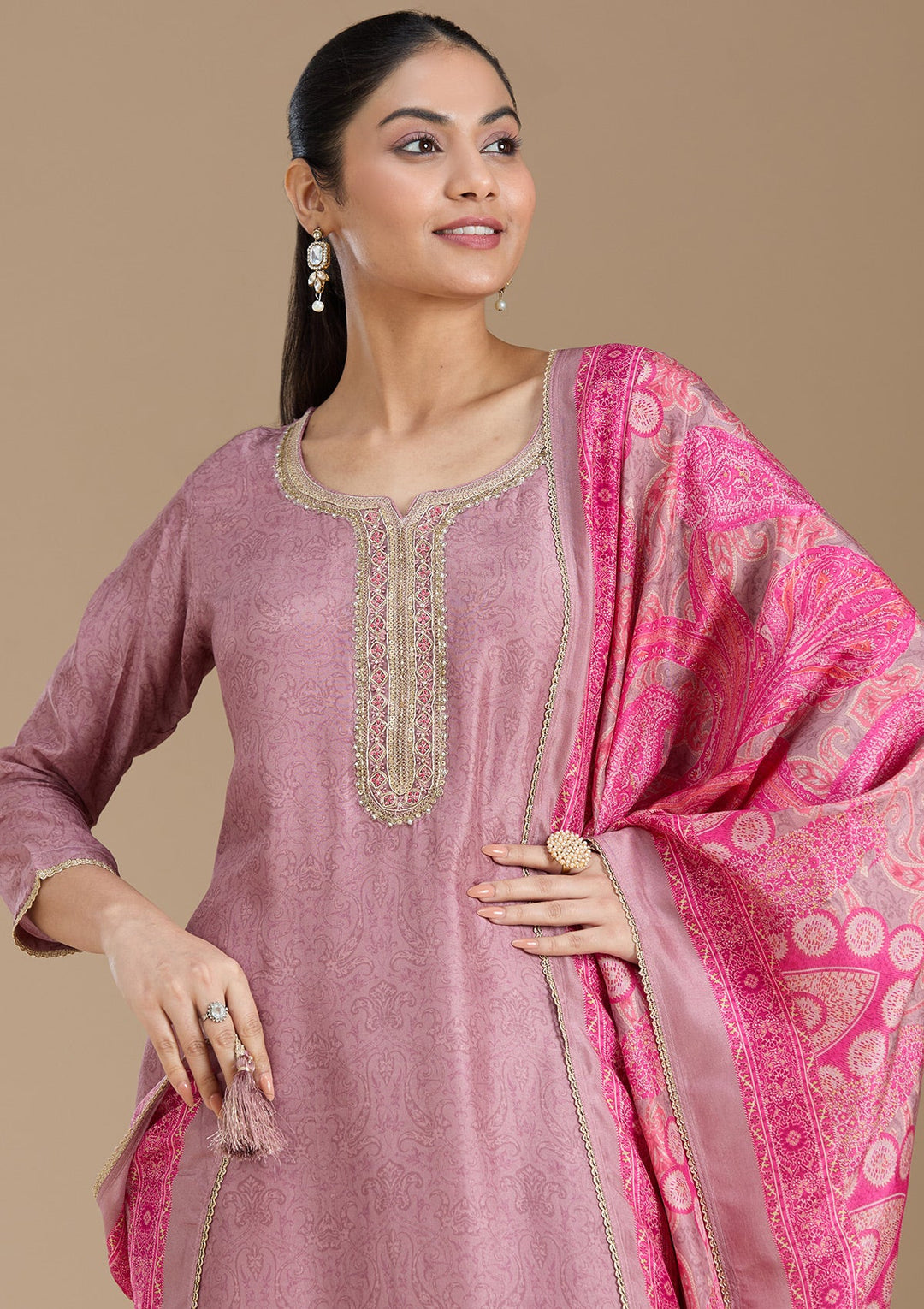 Mauve Threadwork Art Silk Readymade Salwar Suit-koskii