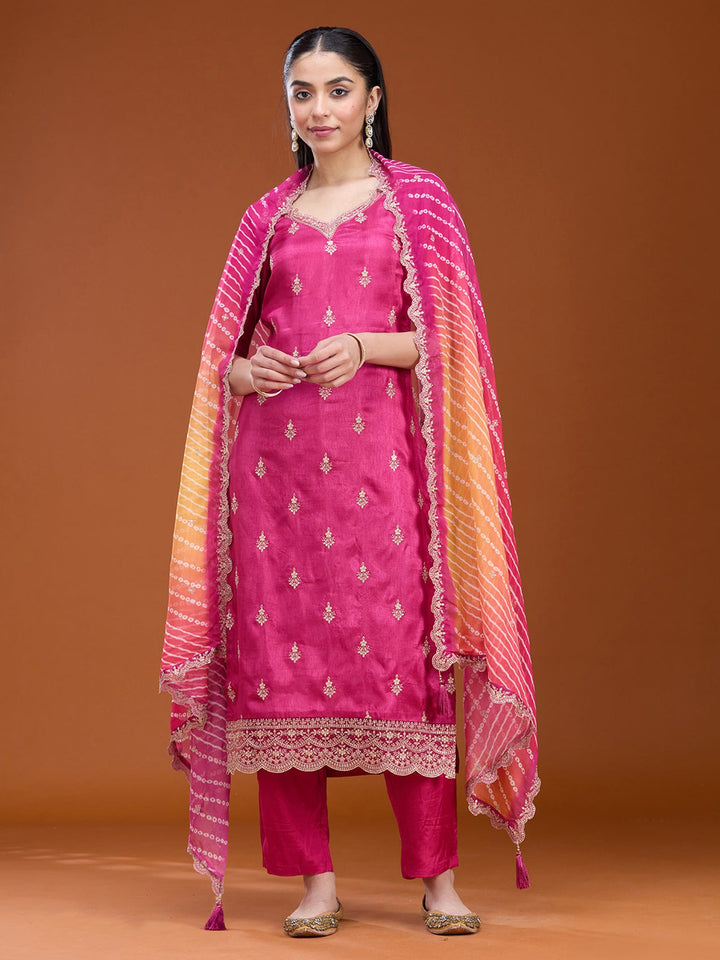 Rani Pink Threadwork Dola Silk Readymade Salwar Suit