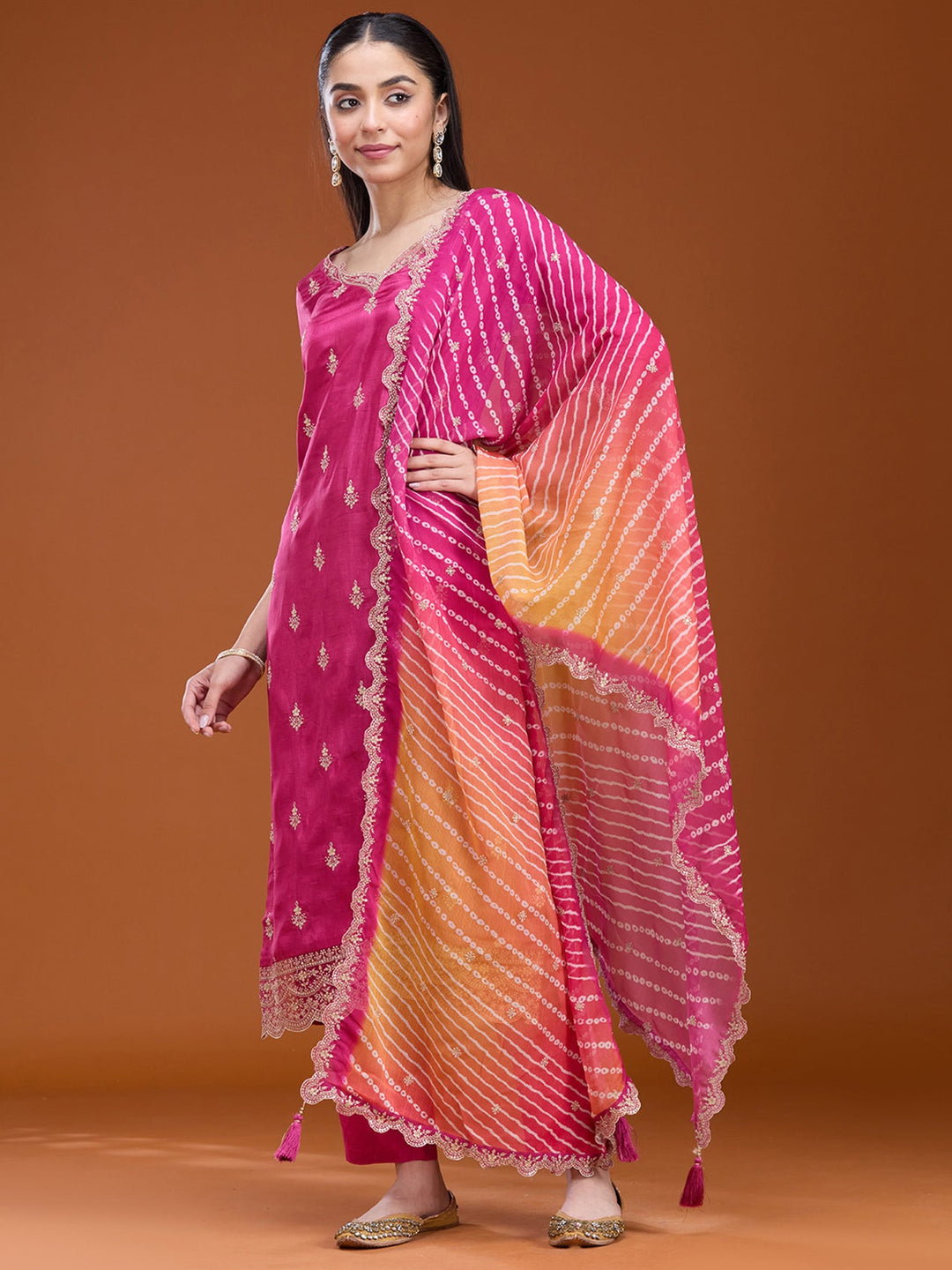 Rani Pink Threadwork Dola Silk Readymade Salwar Suit