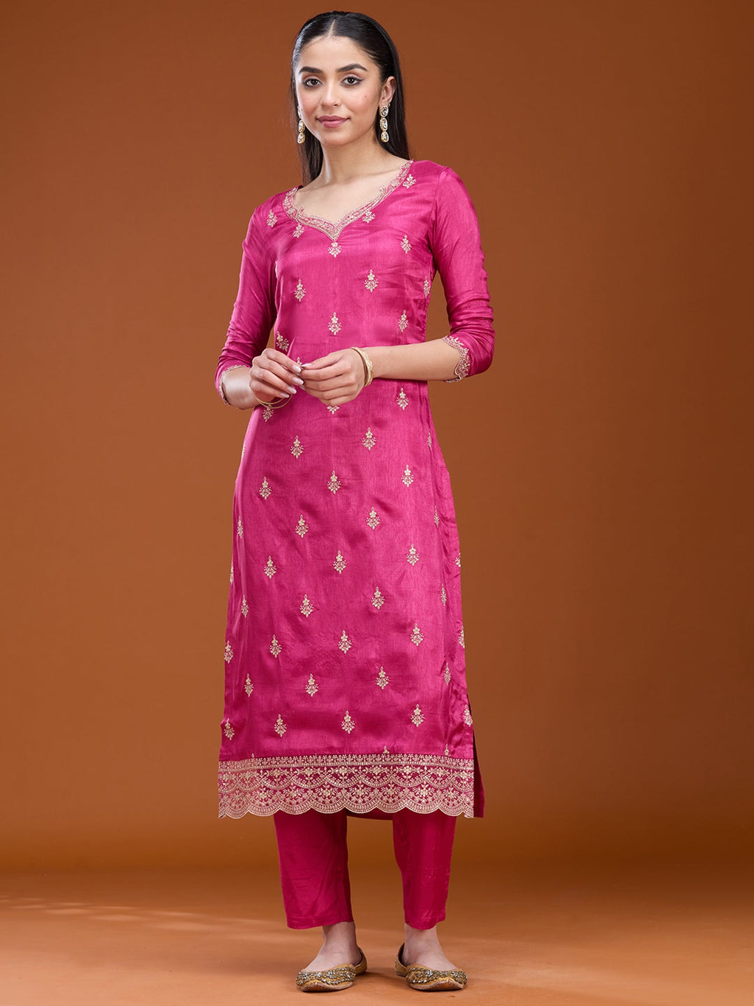 Rani Pink Threadwork Dola Silk Readymade Salwar Suit