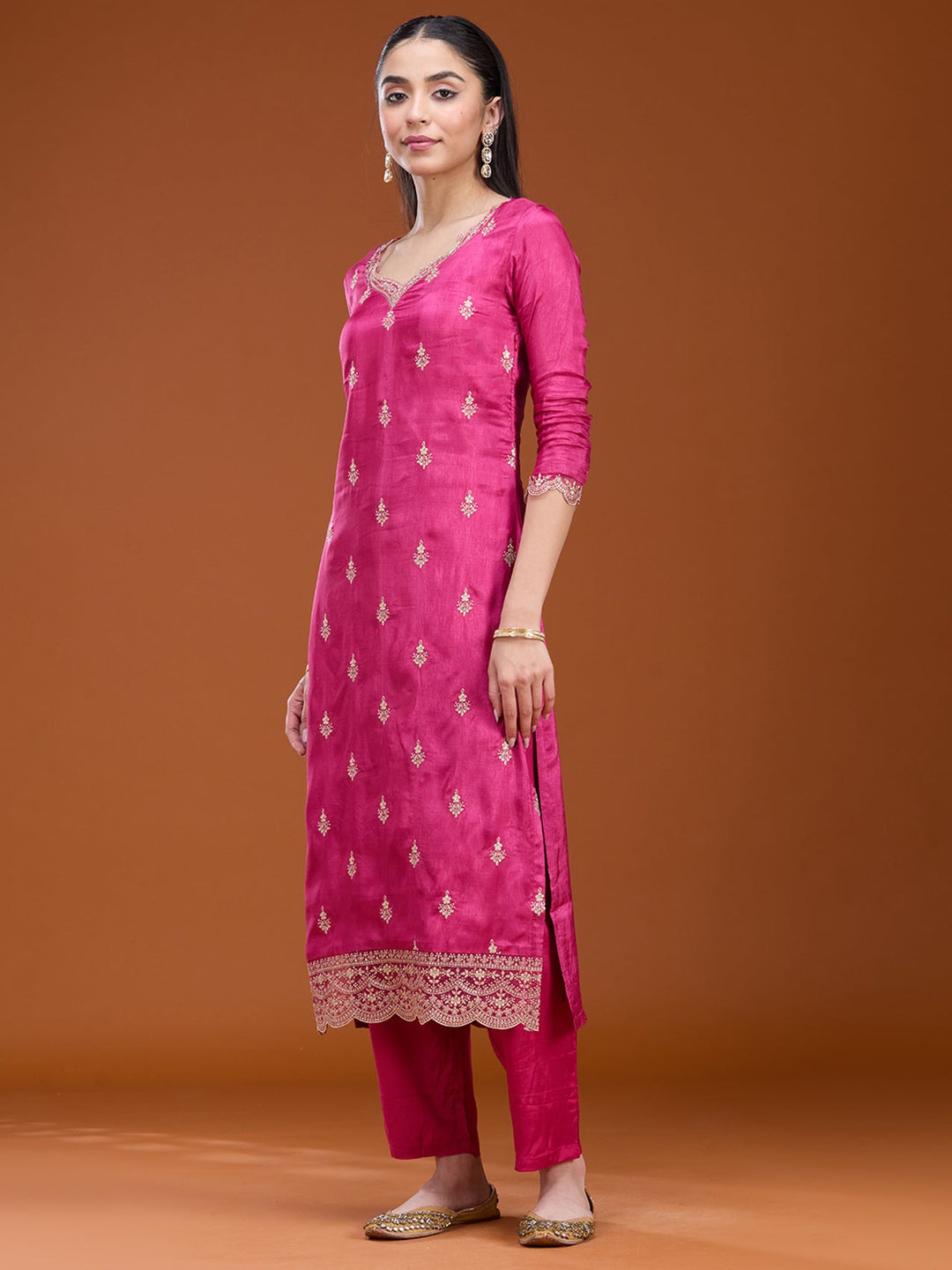 Rani Pink Threadwork Dola Silk Readymade Salwar Suit