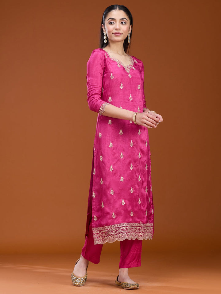 Rani Pink Threadwork Dola Silk Readymade Salwar Suit