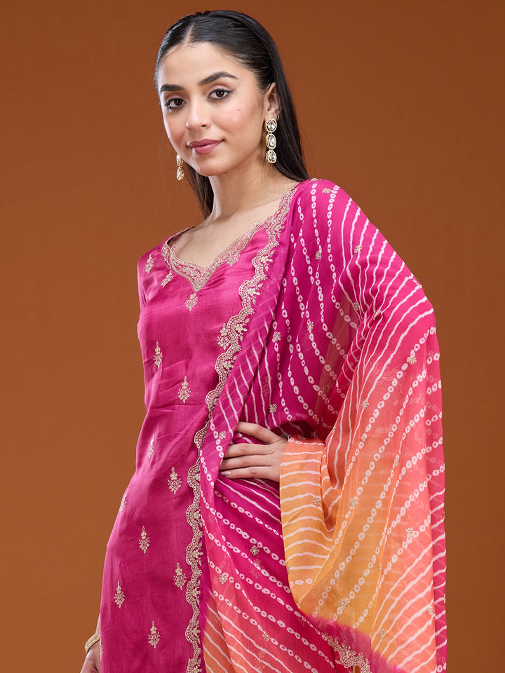 Rani Pink Threadwork Dola Silk Readymade Salwar Suit