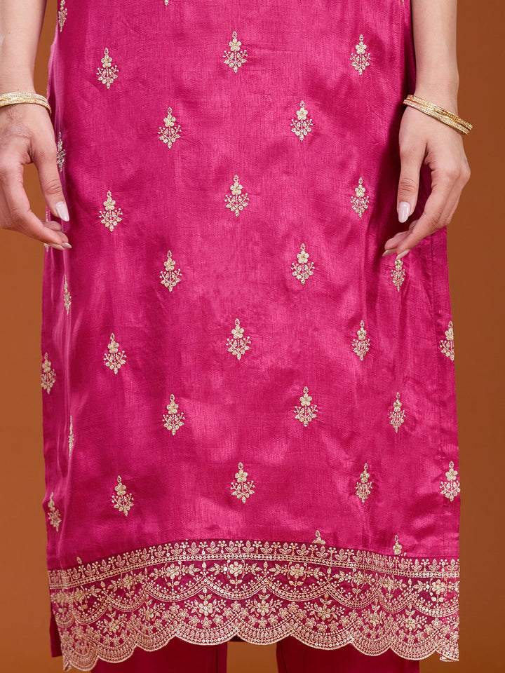 Rani Pink Threadwork Dola Silk Readymade Salwar Suit