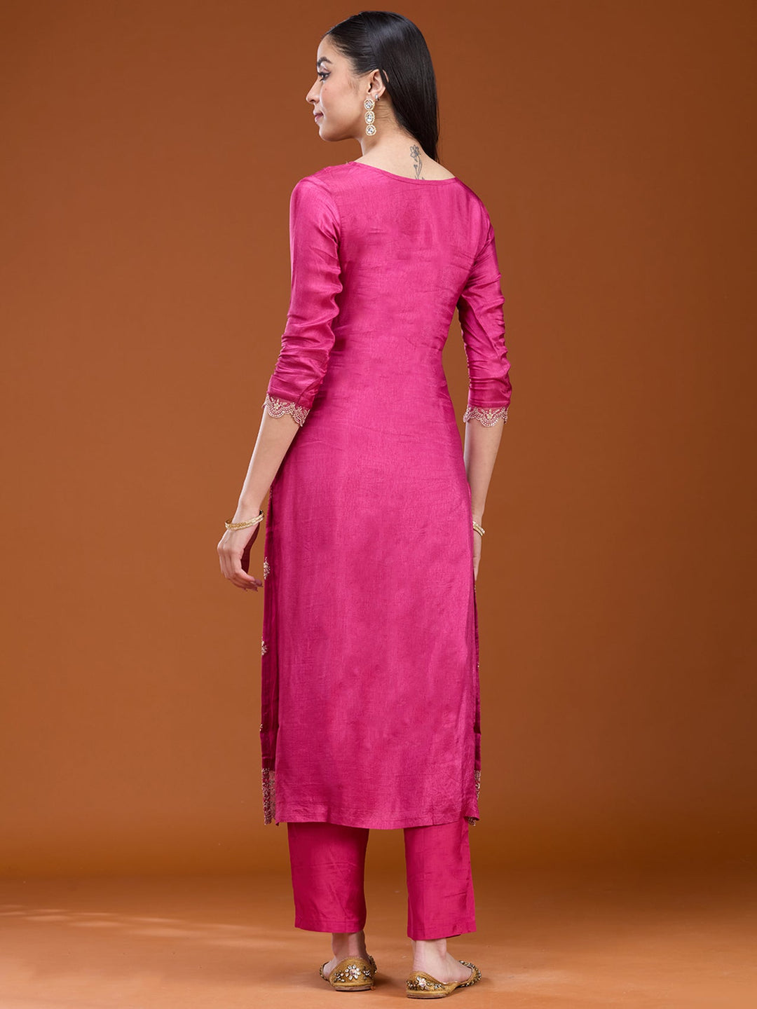 Rani Pink Threadwork Dola Silk Readymade Salwar Suit