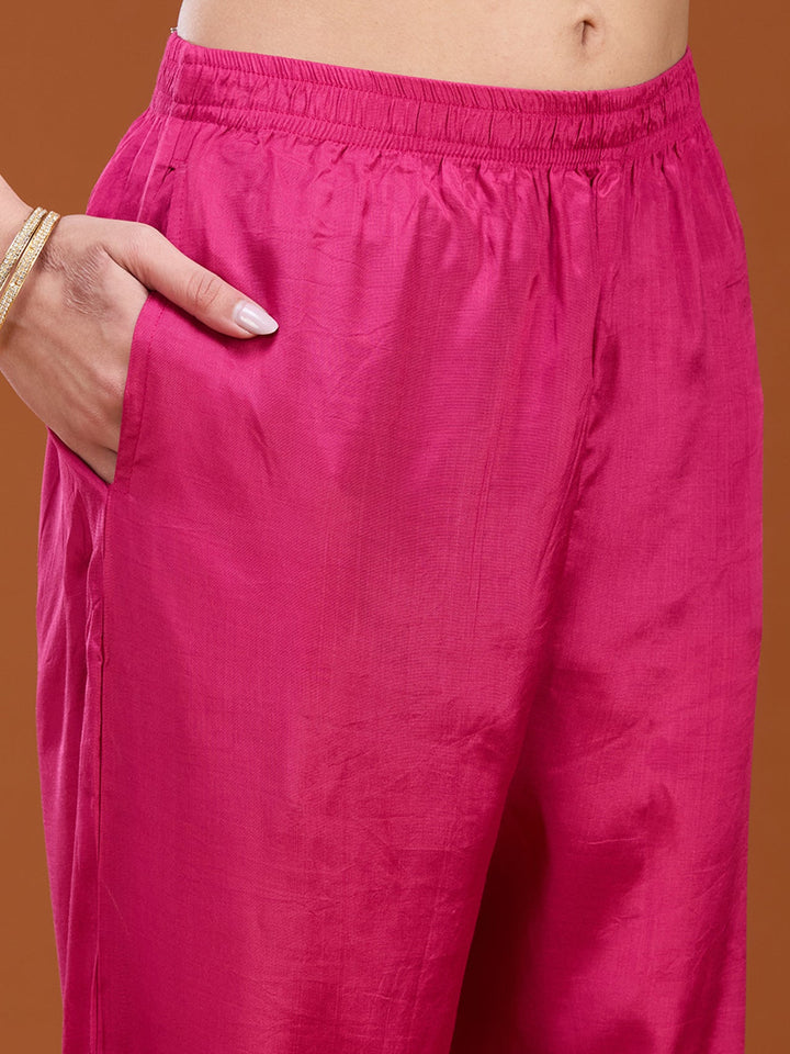 Rani Pink Threadwork Dola Silk Readymade Salwar Suit
