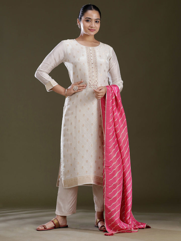 Cream Zariwork (Gold) Brocade Readymade Salwar Suit