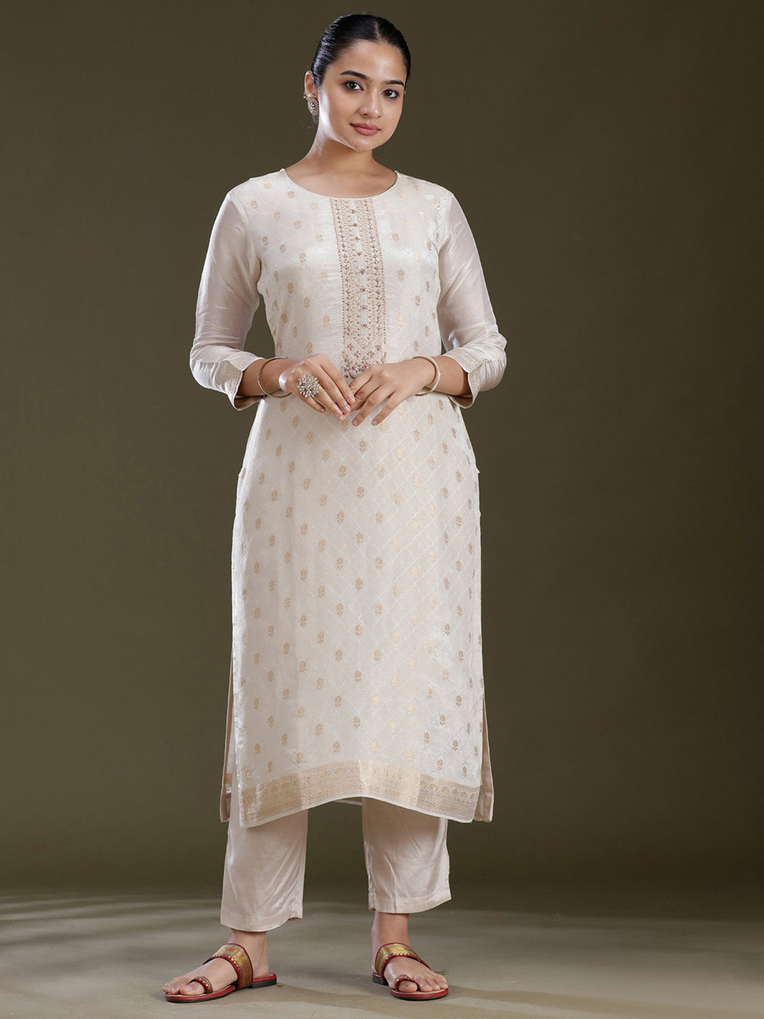 Cream Zariwork (Gold) Brocade Readymade Salwar Suit