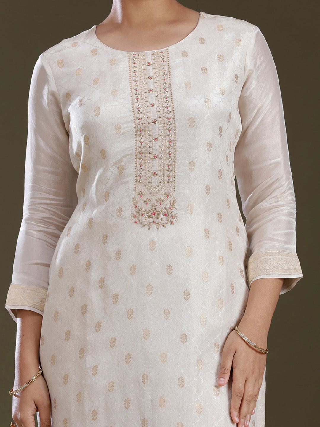 Cream Zariwork (Gold) Brocade Readymade Salwar Suit