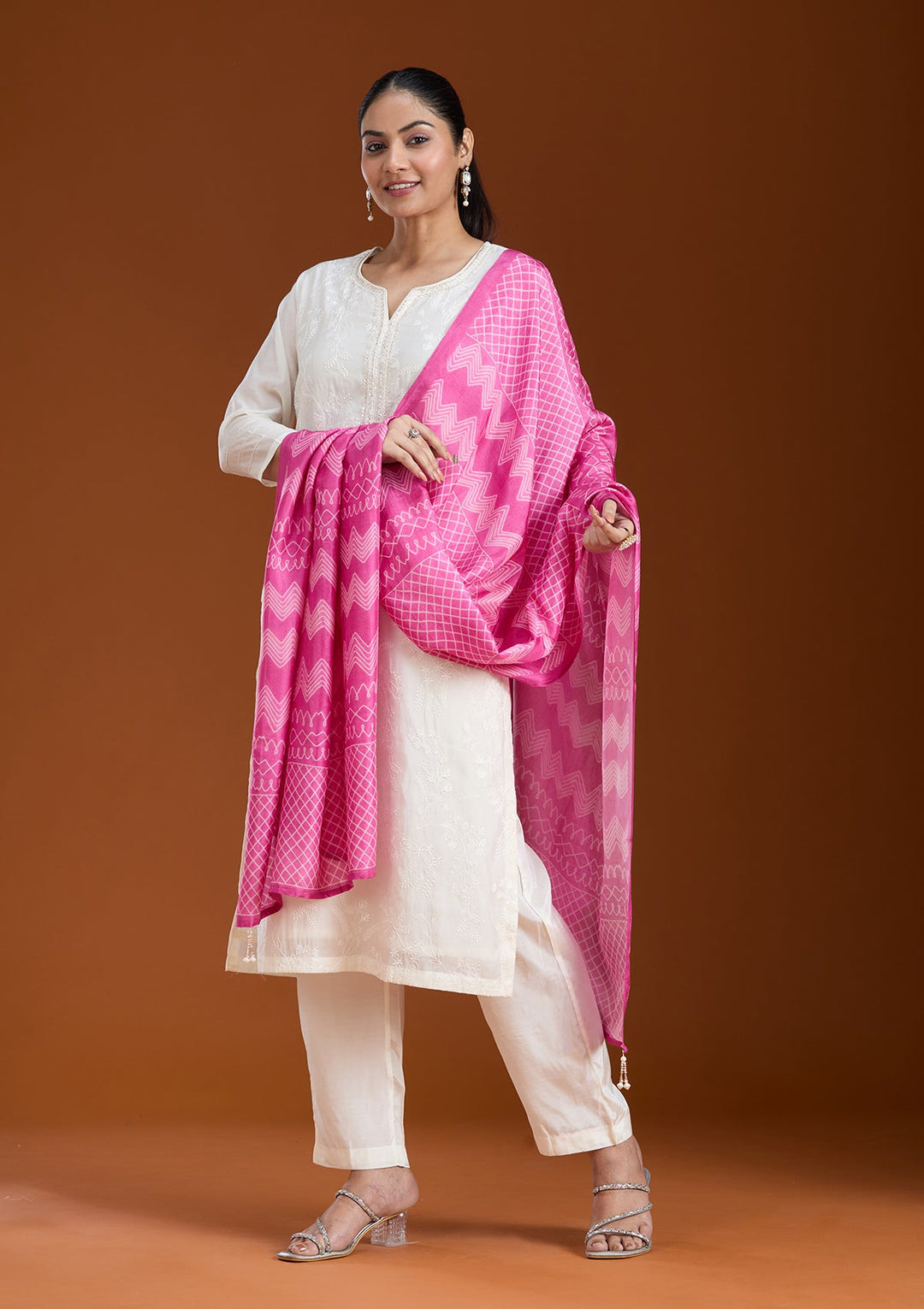 Cream Threadwork Tissue Readymade Salwar Suit_koskii
