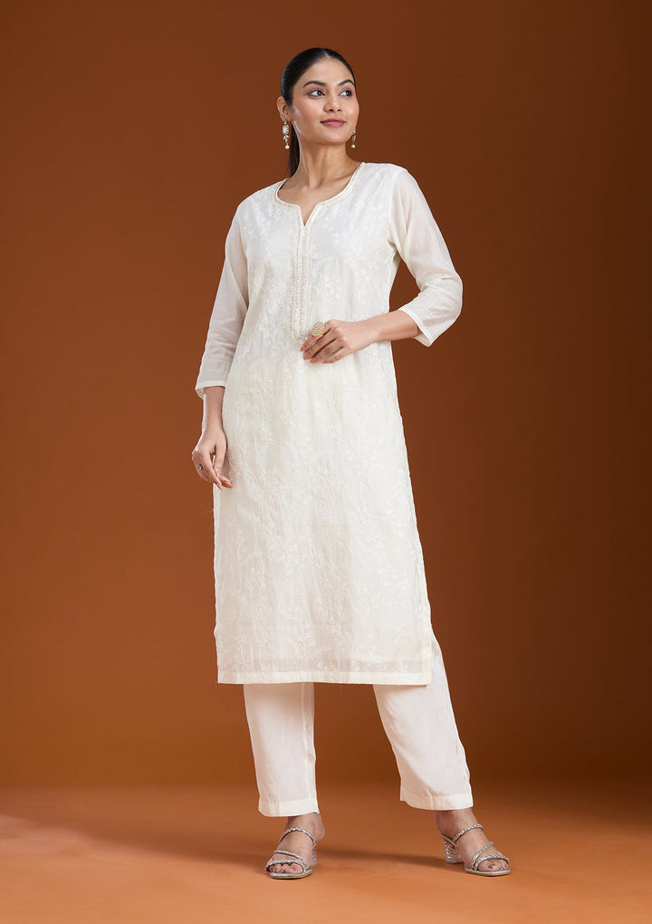 Cream Threadwork Tissue Readymade Salwar Suit_koskii