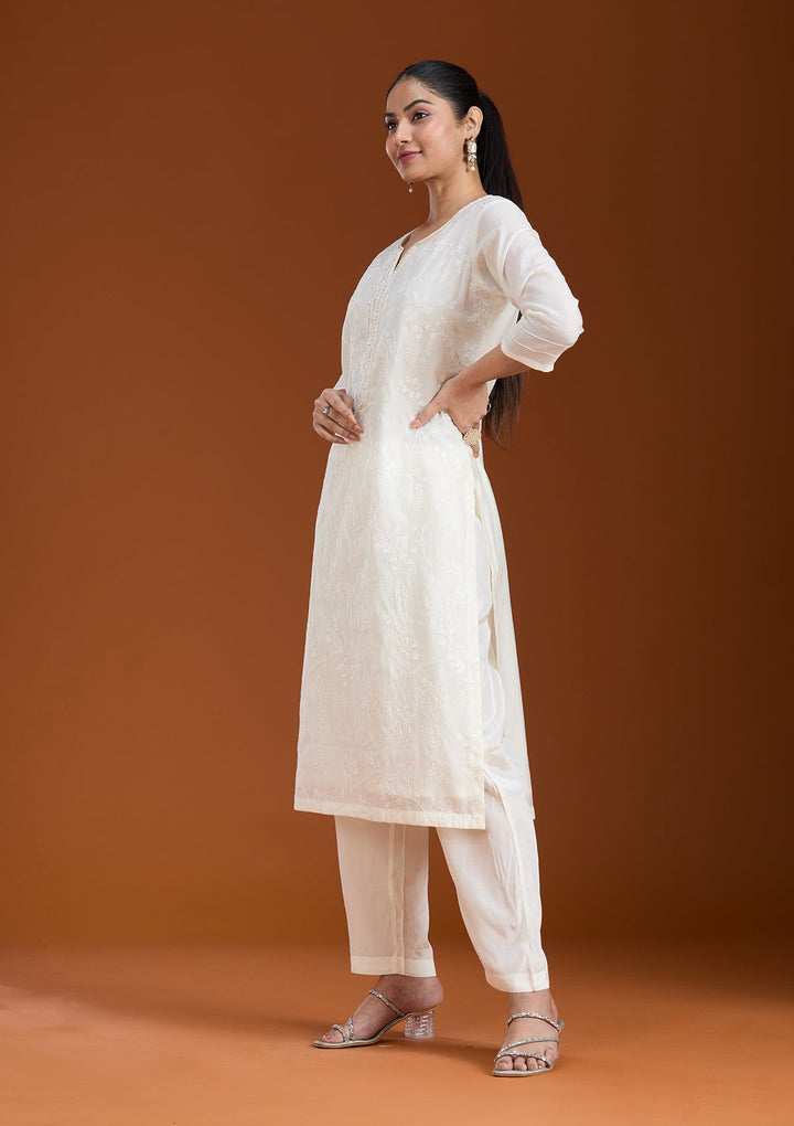 Cream Threadwork Tissue Readymade Salwar Suit_koskii