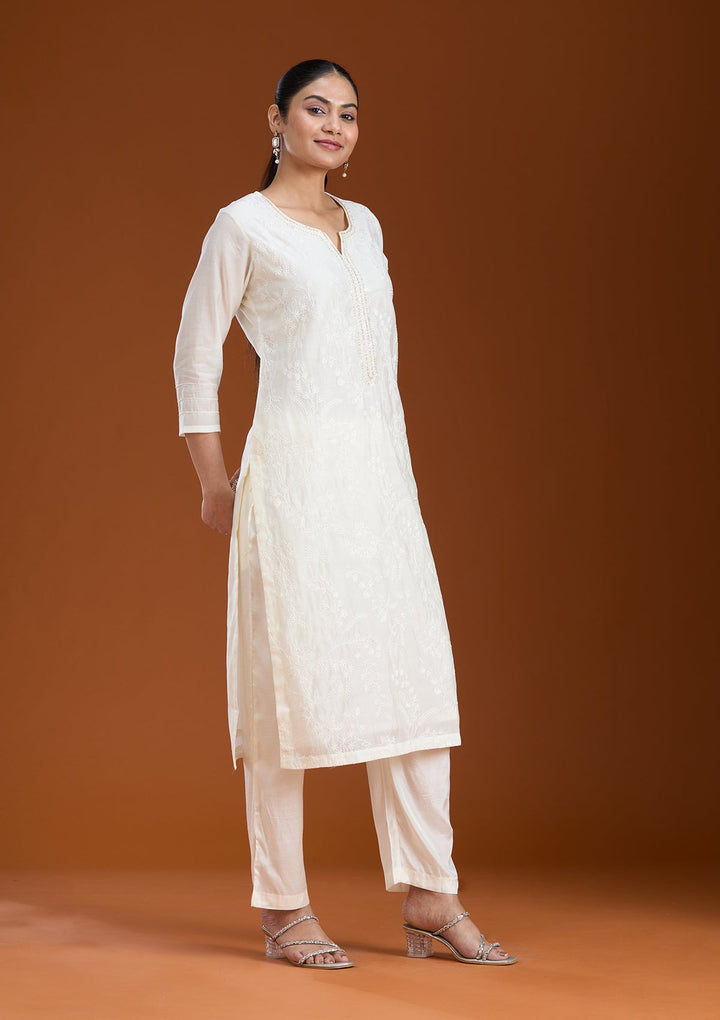 Cream Threadwork Tissue Readymade Salwar Suit_koskii