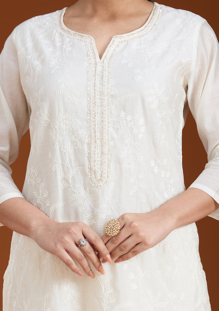 Cream Threadwork Tissue Readymade Salwar Suit_koskii