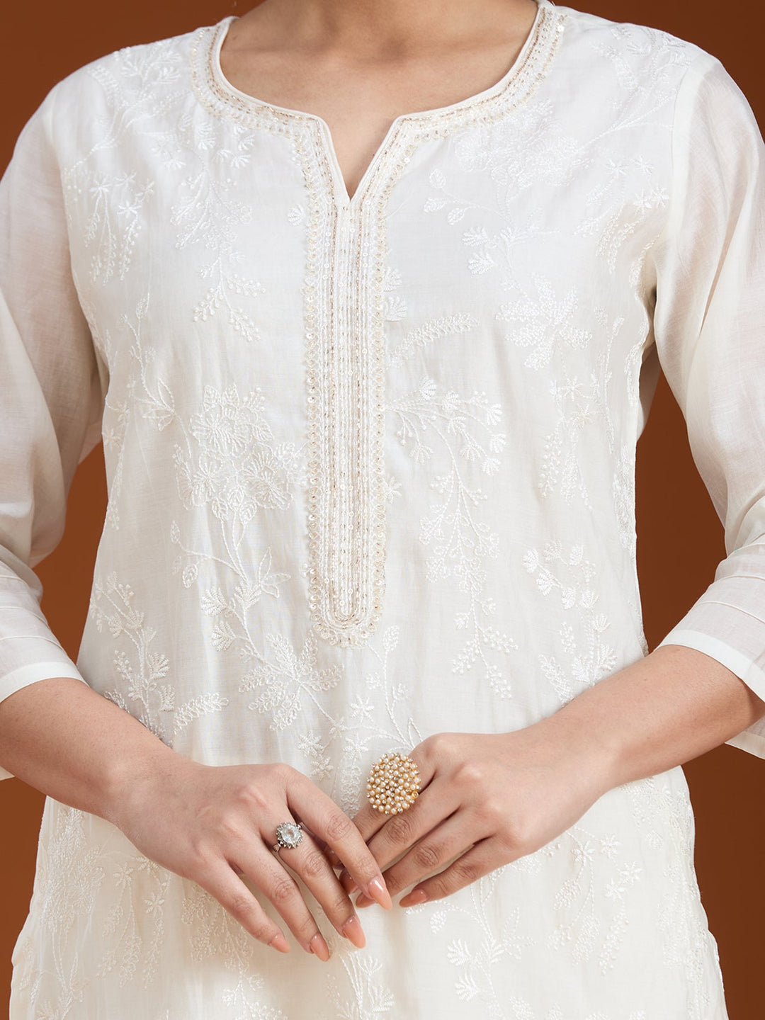 Cream Threadwork Chanderi Readymade Salwar Suit
