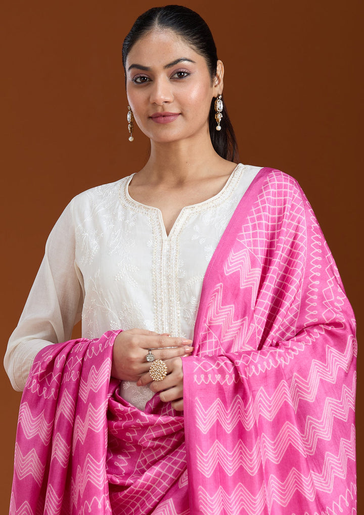 Cream Threadwork Tissue Readymade Salwar Suit_koskii