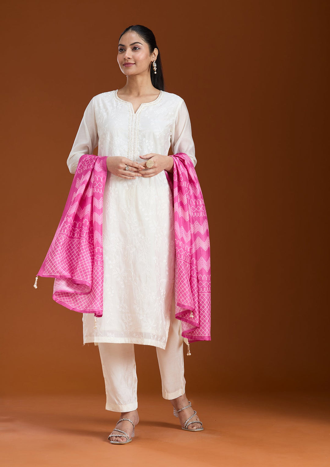 Cream Threadwork Tissue Readymade Salwar Suit_koskii