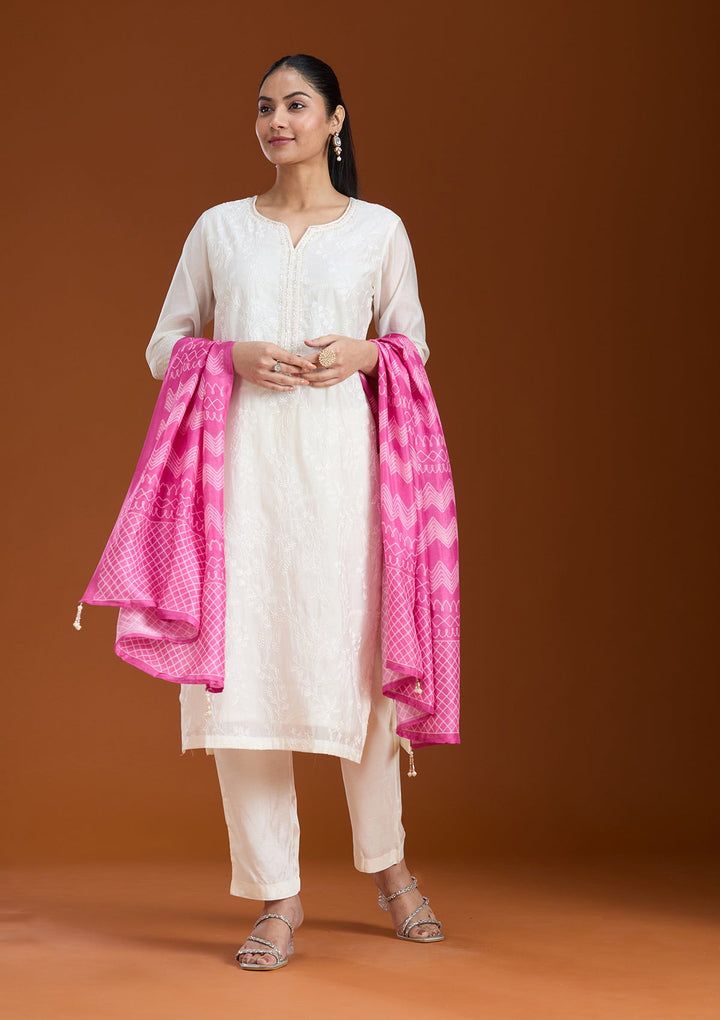 Cream Threadwork Tissue Readymade Salwar Suit_koskii