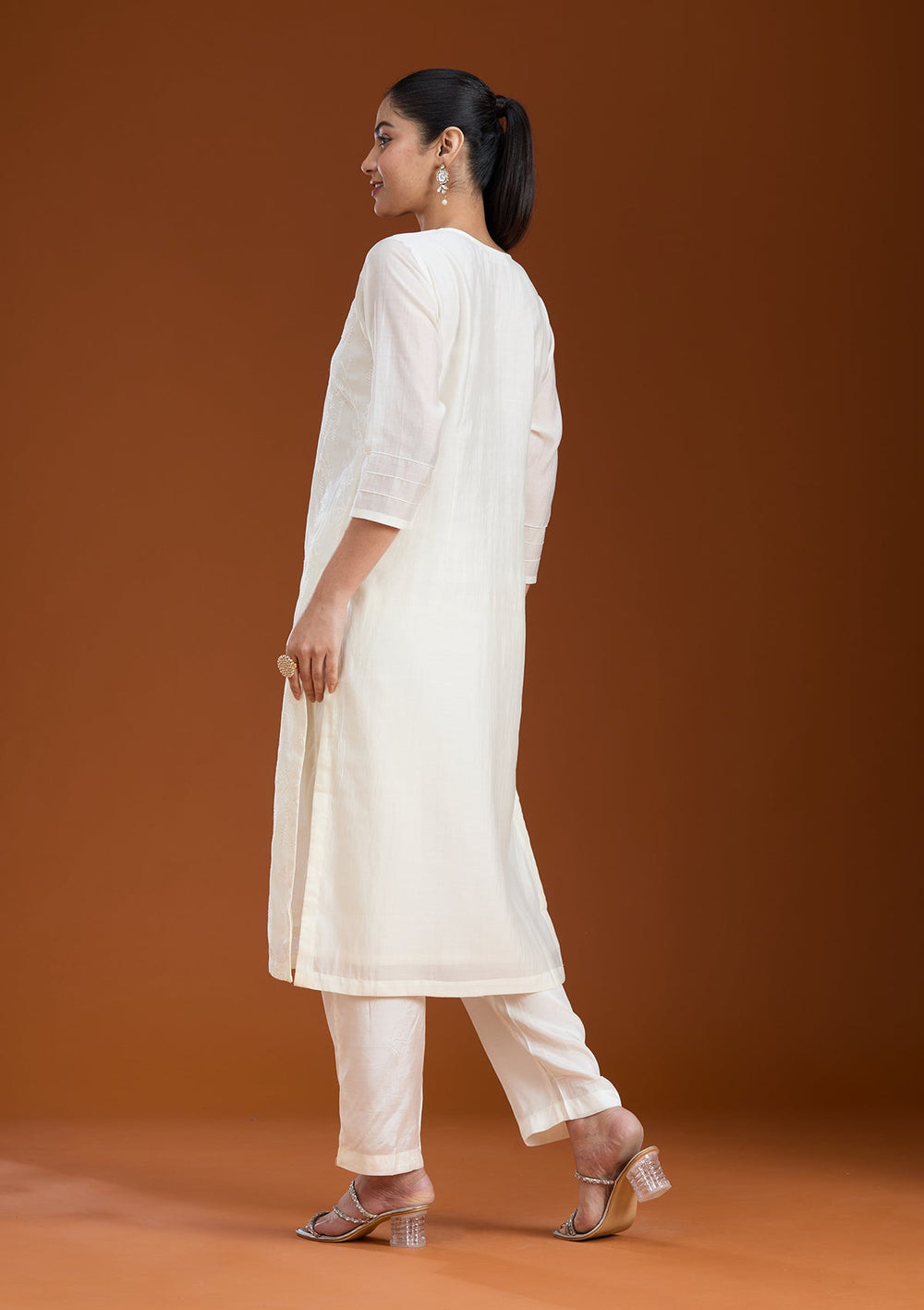 Cream Threadwork Tissue Readymade Salwar Suit_koskii