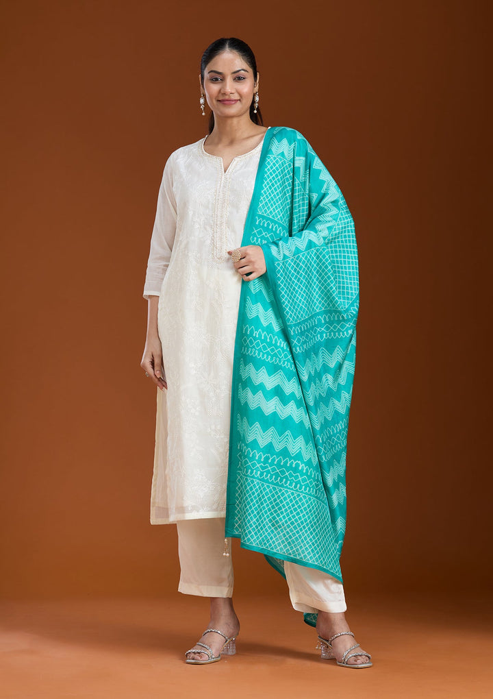 Cream Threadwork Tissue Readymade Salwar Suit_koskii
