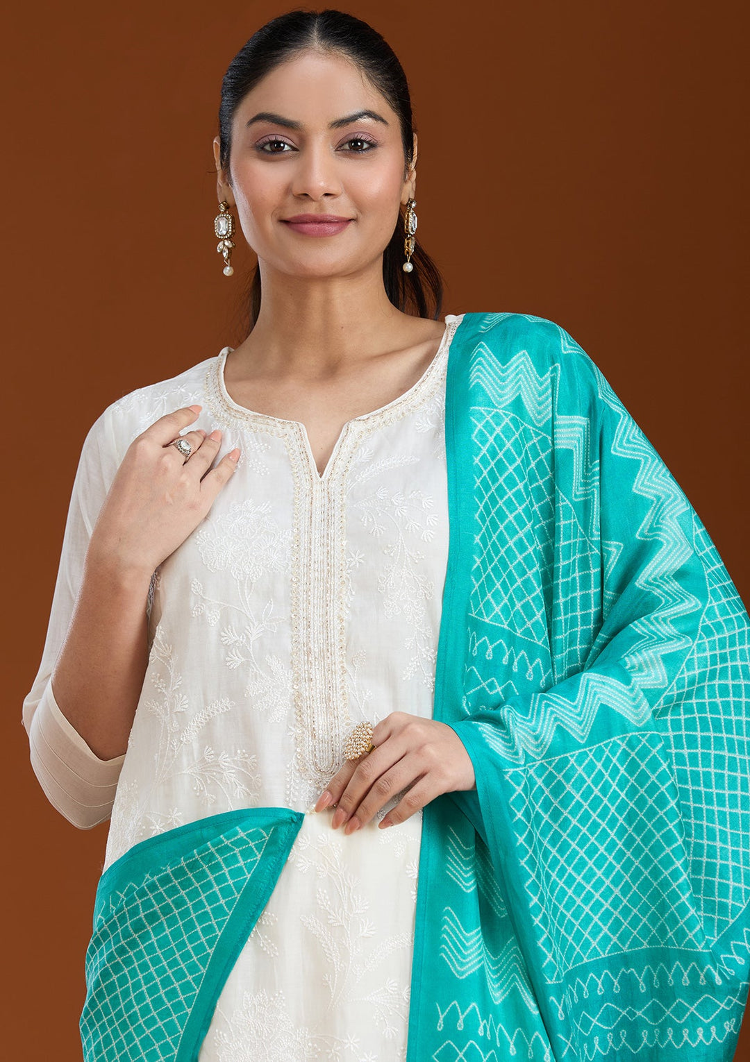 Cream Threadwork Chanderi Readymade Salwar Suit