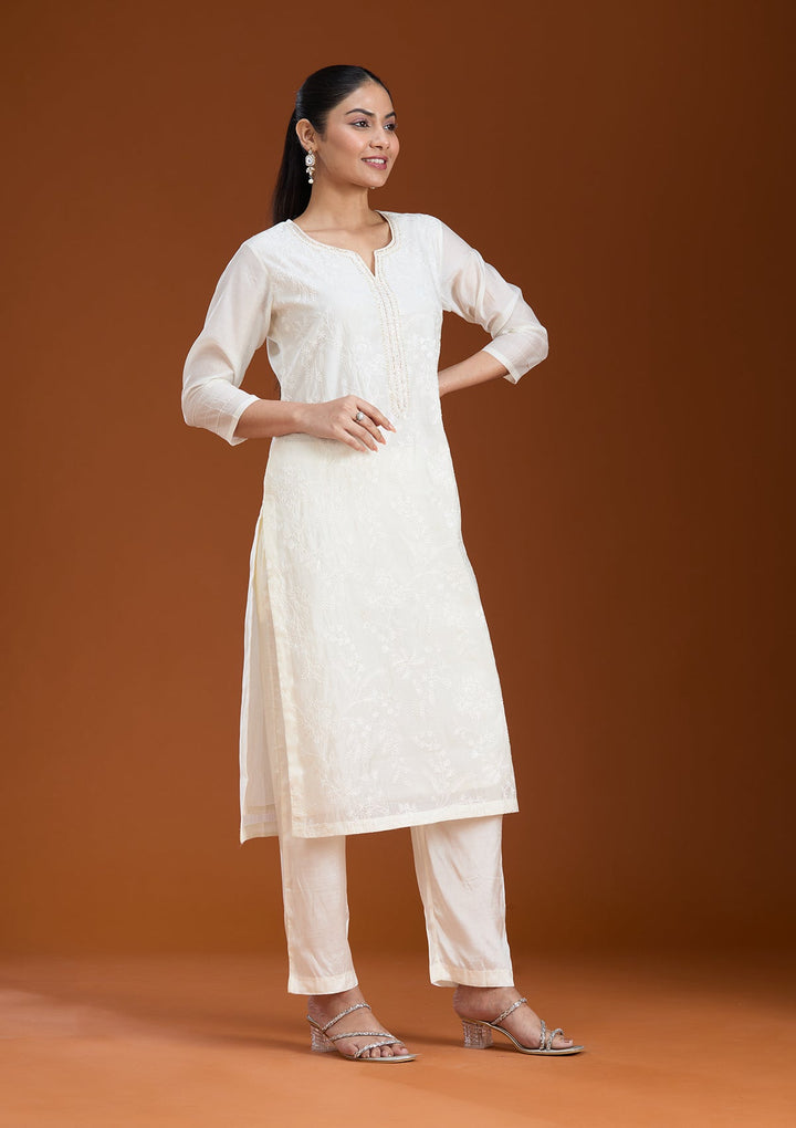 Cream Threadwork Tissue Readymade Salwar Suit_koskii
