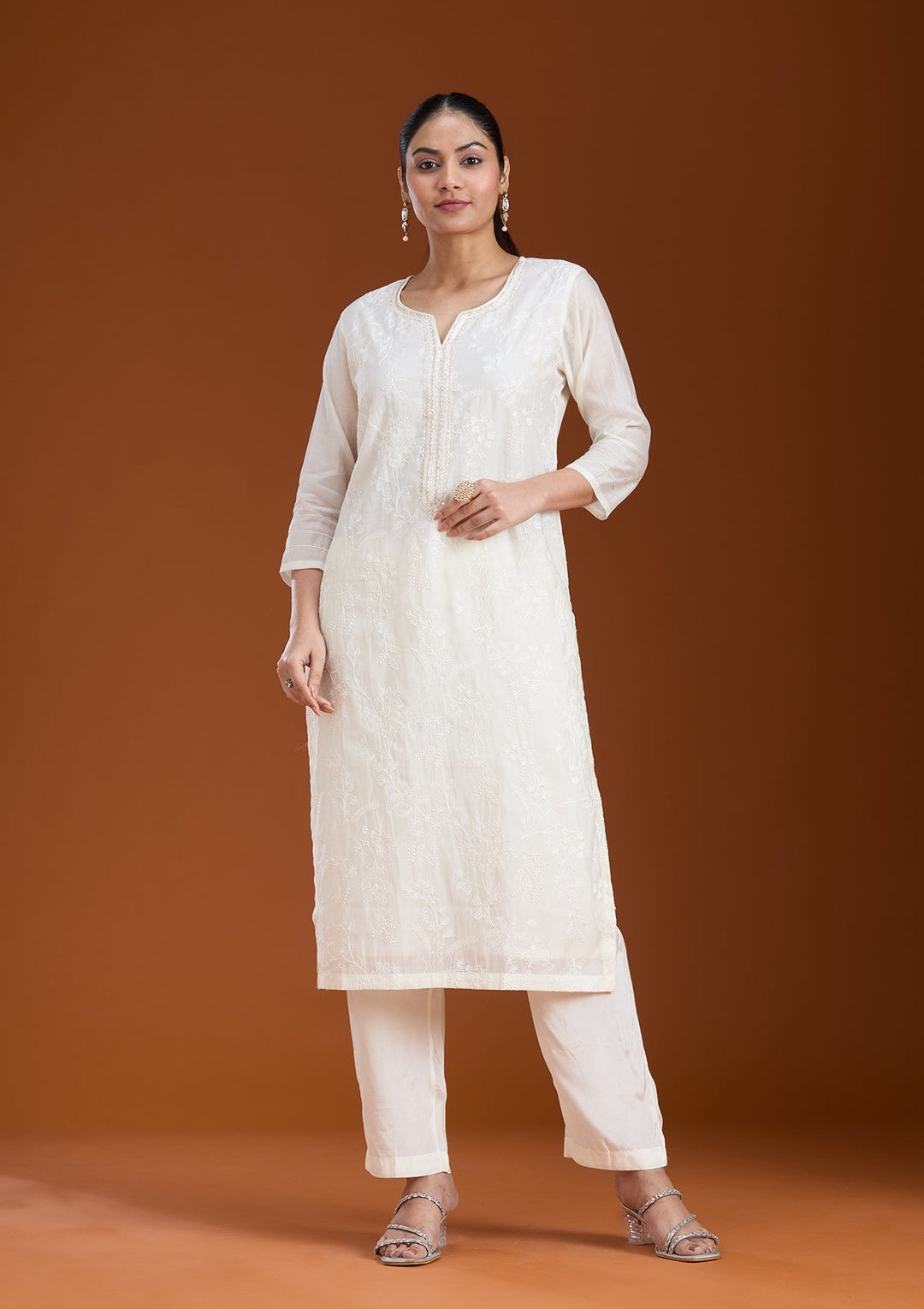 Cream Threadwork Tissue Readymade Salwar Suit_koskii