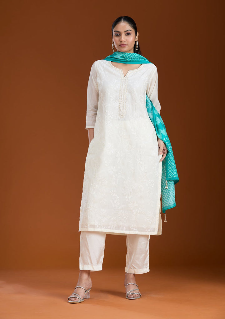 Cream Threadwork Chanderi Readymade Salwar Suit