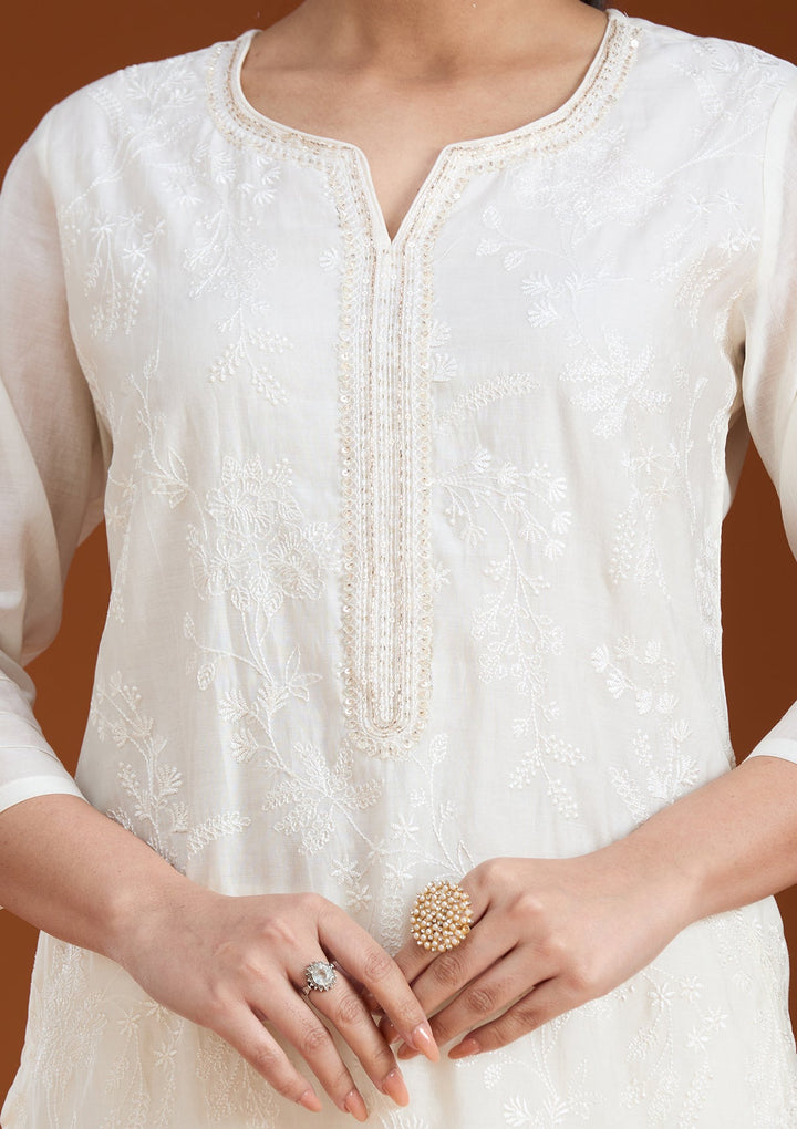 Cream Threadwork Tissue Readymade Salwar Suit_koskii