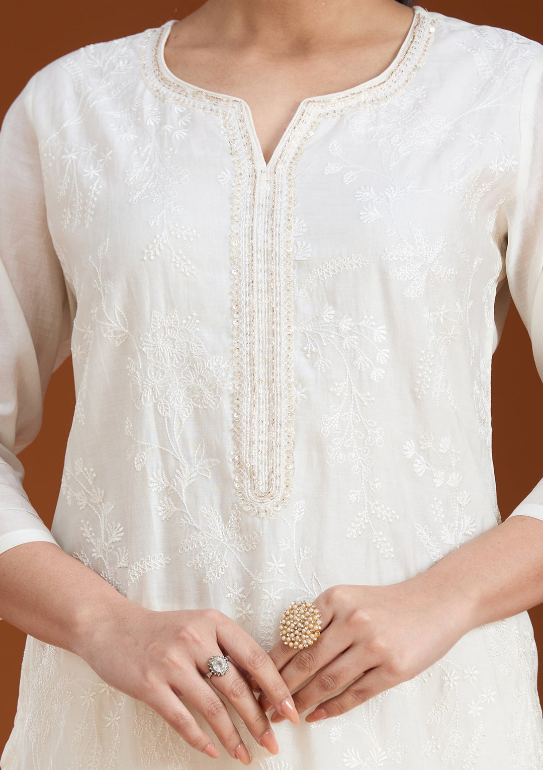 Cream Threadwork Chanderi Readymade Salwar Suit