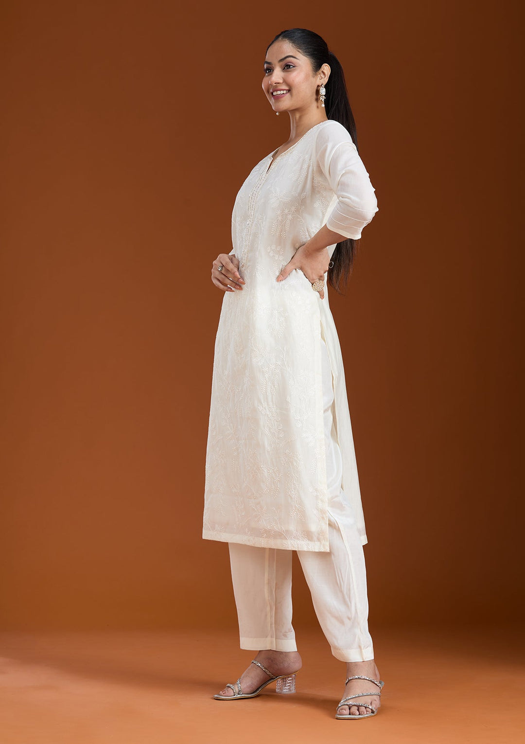 Cream Threadwork Tissue Readymade Salwar Suit_koskii