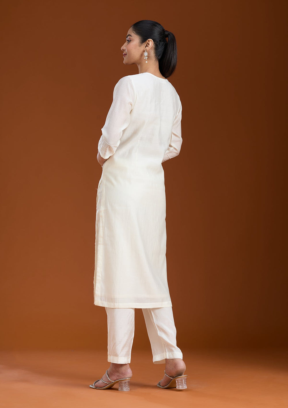 Cream Threadwork Tissue Readymade Salwar Suit_koskii