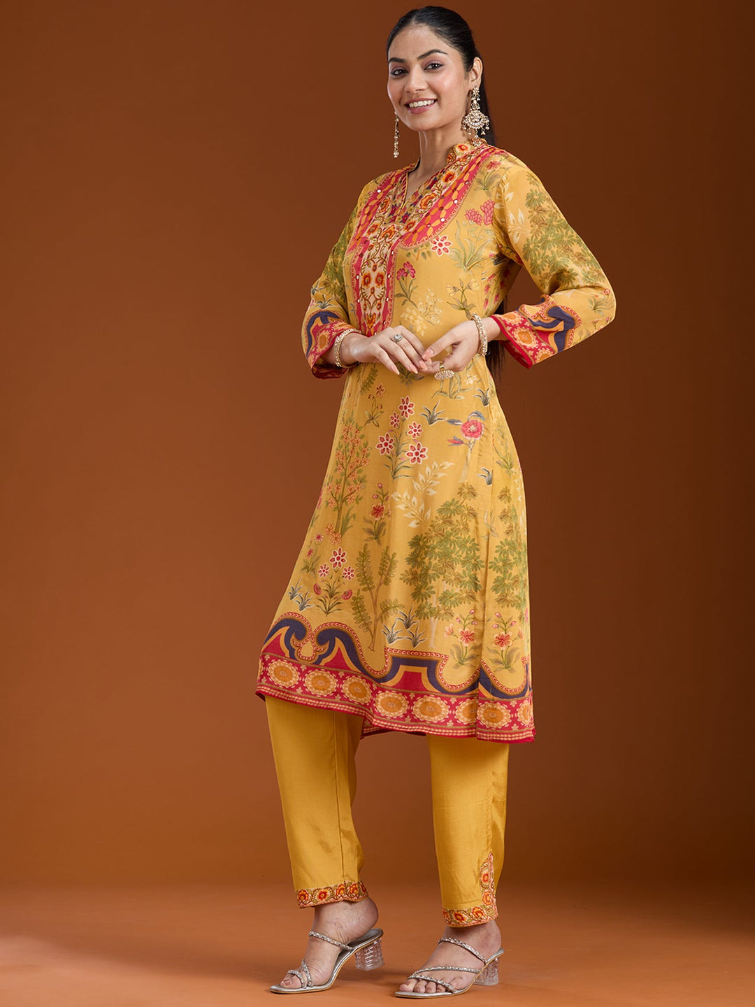 Yellow Printed Crepe Readymade Salwar Suit