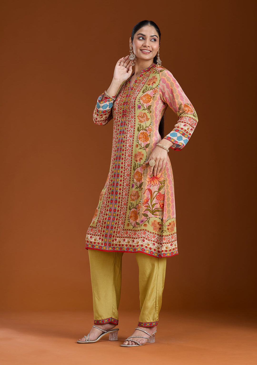 Green Printed Crepe Readymade Salwar Suit