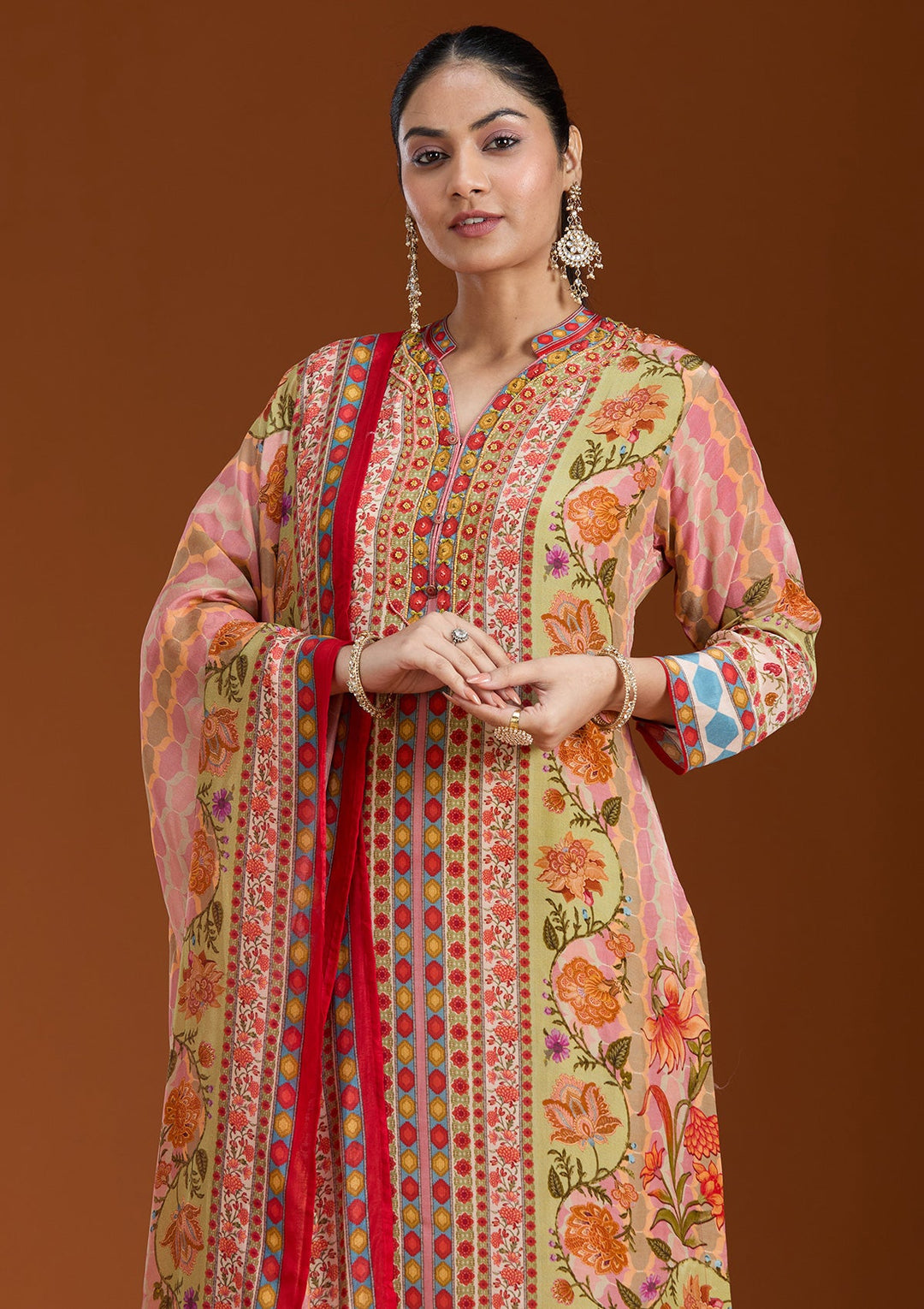 Green Printed Crepe Readymade Salwar Suit