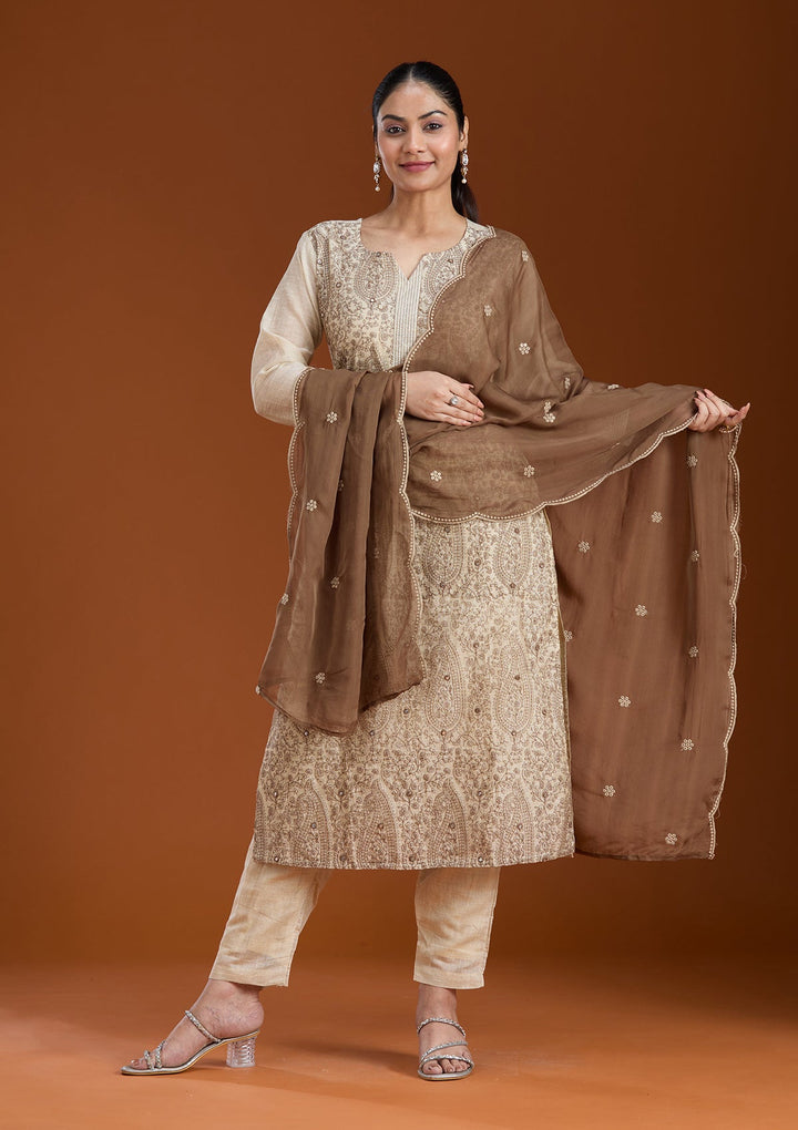 Beige Threadwork Chanderi Readymade Salwar Suit_koskii
