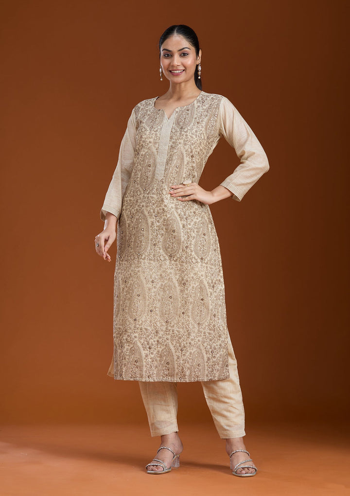 Beige Threadwork Chanderi Readymade Salwar Suit_koskii