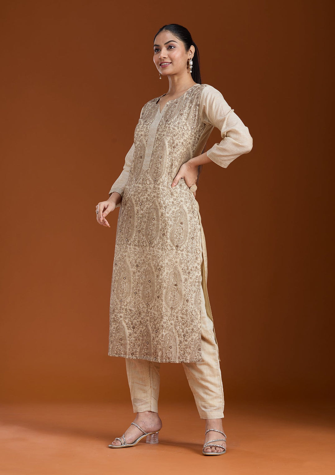 Beige Threadwork Chanderi Readymade Salwar Suit_koskii