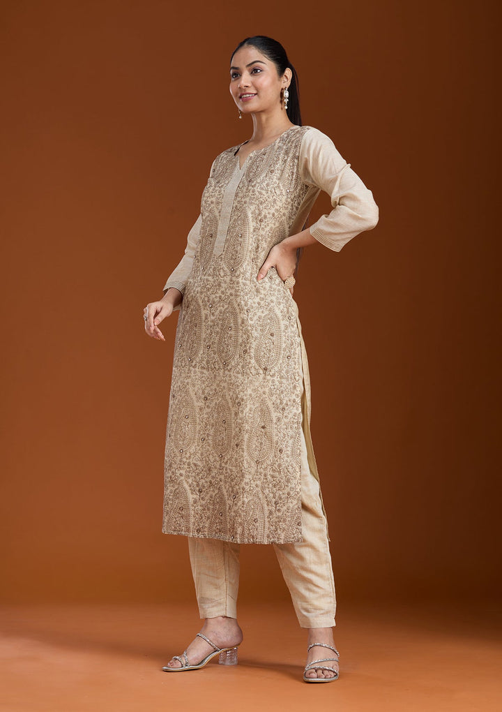 Beige Threadwork Chanderi Readymade Salwar Suit_koskii