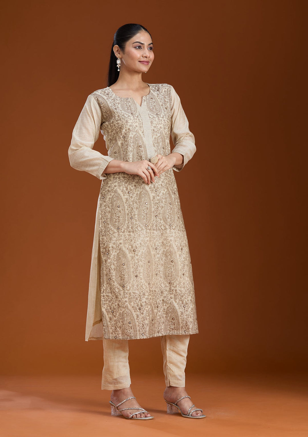 Beige Threadwork Chanderi Readymade Salwar Suit_koskii