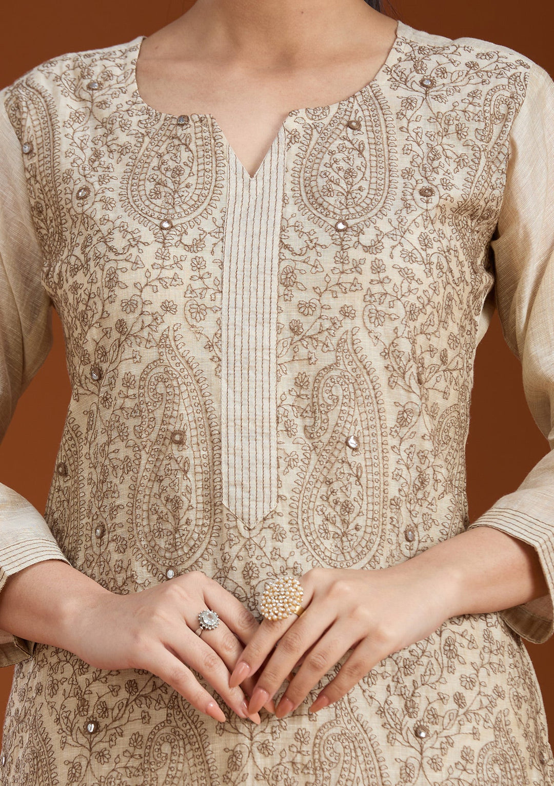 Beige Threadwork Chanderi Readymade Salwar Suit_koskii