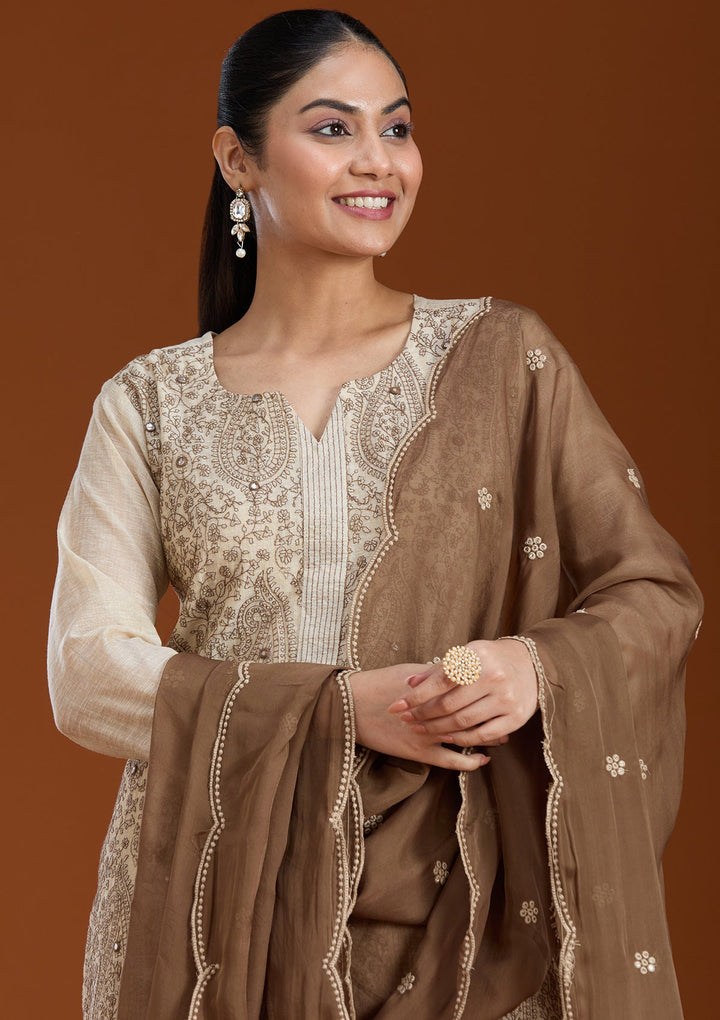 Beige Threadwork Chanderi Readymade Salwar Suit_koskii