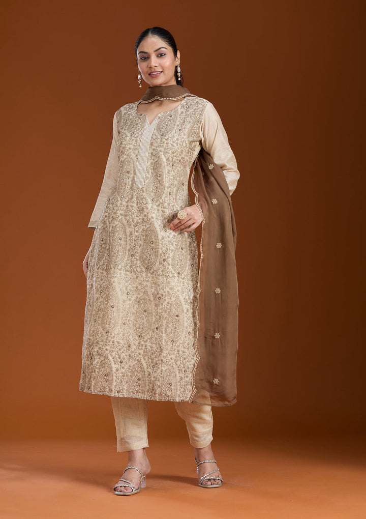 Beige Threadwork Chanderi Readymade Salwar Suit_koskii