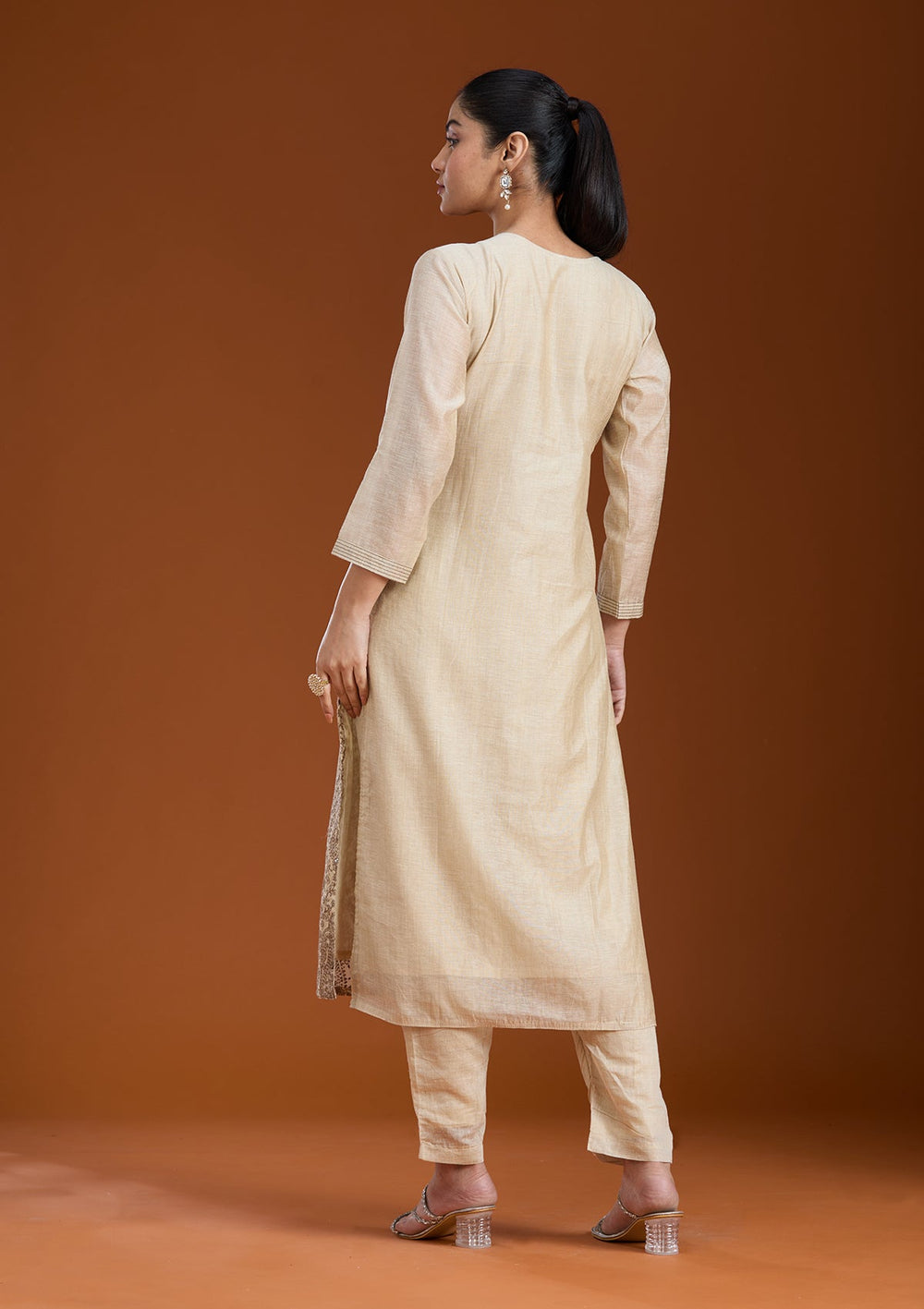 Beige Threadwork Chanderi Readymade Salwar Suit_koskii