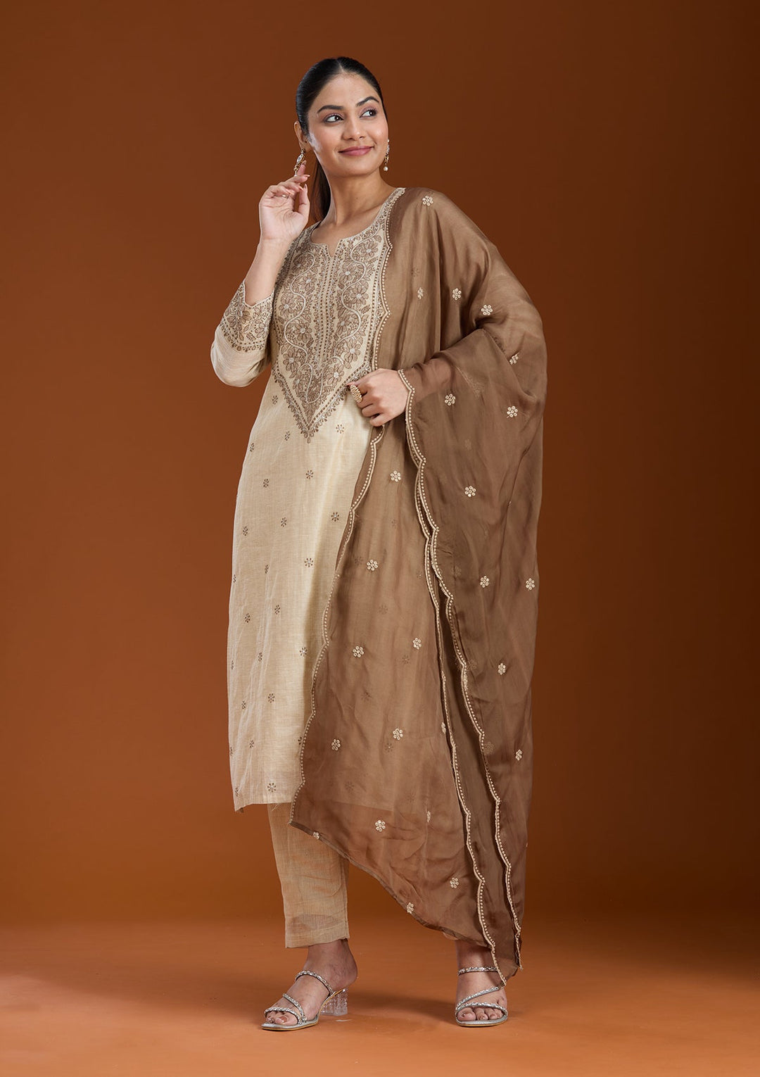Beige Threadwork Chanderi Readymade Salwar Suit_koskii