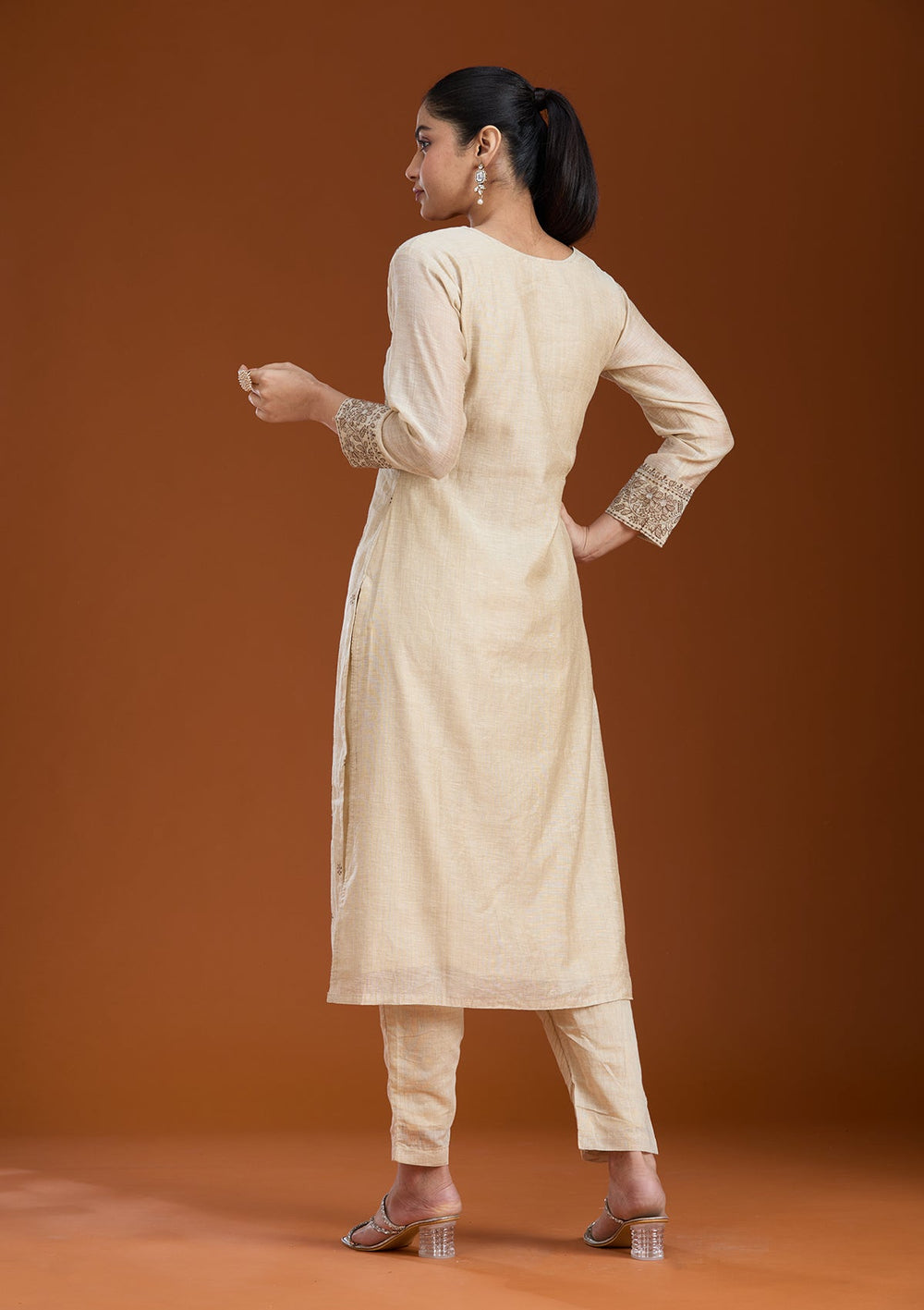 Beige Threadwork Chanderi Readymade Salwar Suit_koskii
