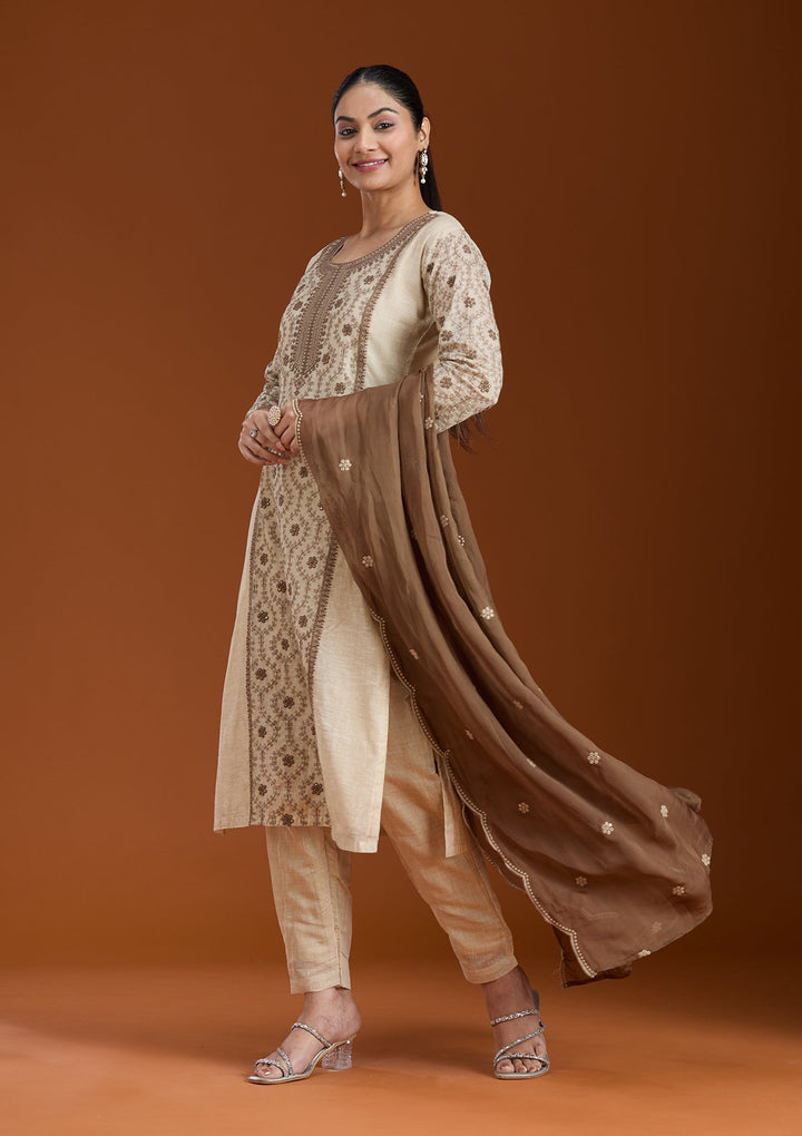 Beige Threadwork Chanderi Readymade Salwar Suit_koskii