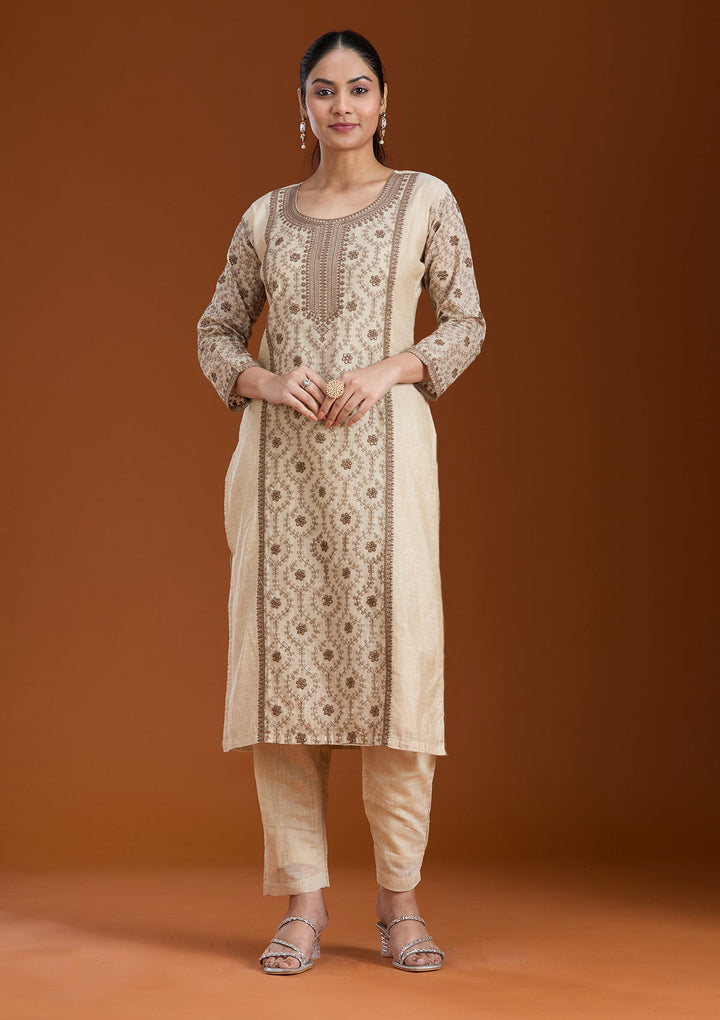 Beige Threadwork Chanderi Readymade Salwar Suit_koskii