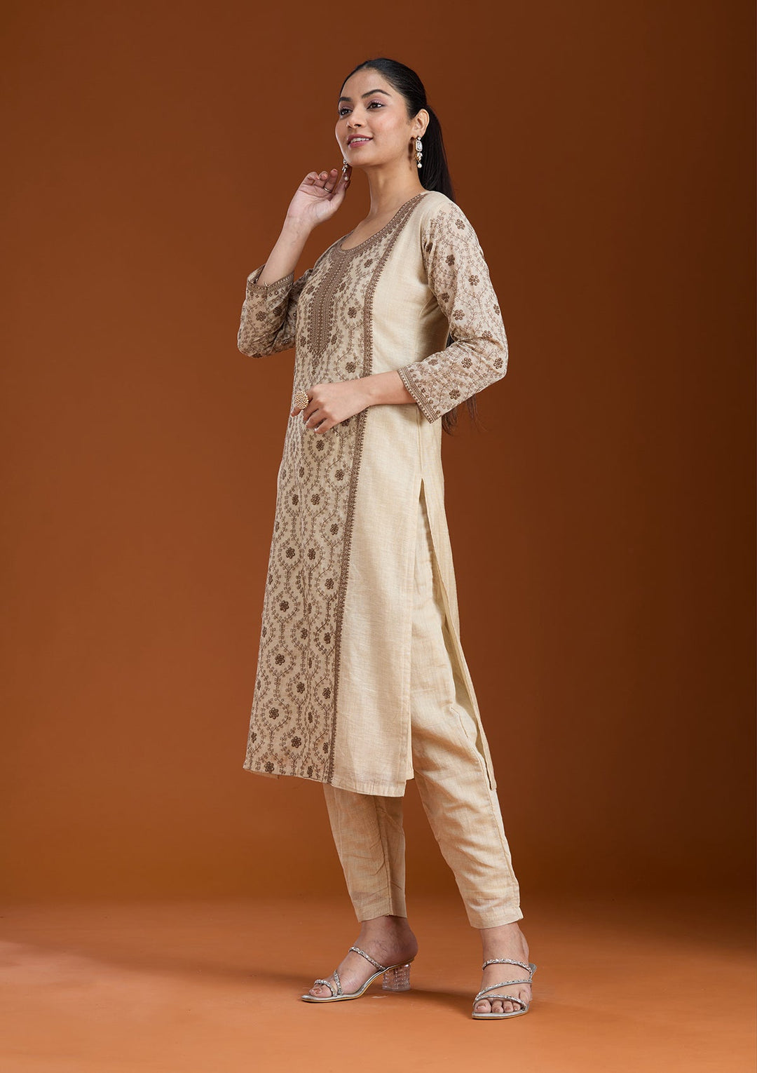 Beige Threadwork Chanderi Readymade Salwar Suit_koskii